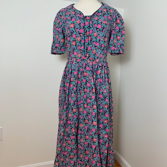Vintage Laura Ashley black with pink and green floral dress US10 - Picture 1 of 5